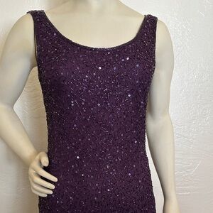Laurence Kazar Vintage elegant Beaded Scoop Neck Midi Dress - Plum purple